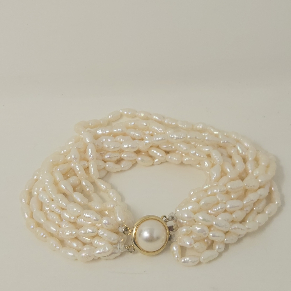 Vintage 12 Strand‎ Rice Pearl Vermeil Sterling Silver Pearl Clasp Bracelet